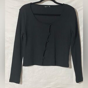 Boohoo Black Diagonal Button-Down Long Sleeve Top